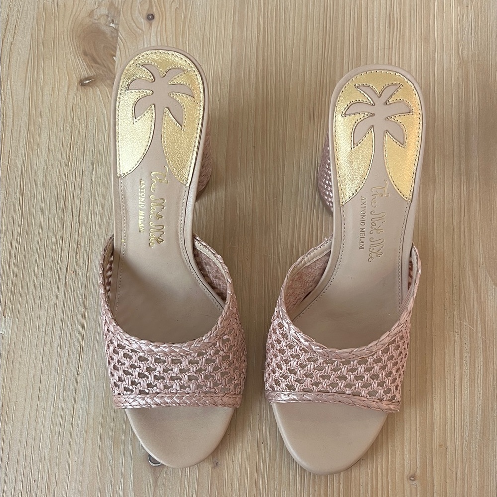 The Nat Note natural tan rafia espadrille Woven Heeled Mule sandals chunky heel - Picture 8 of 8